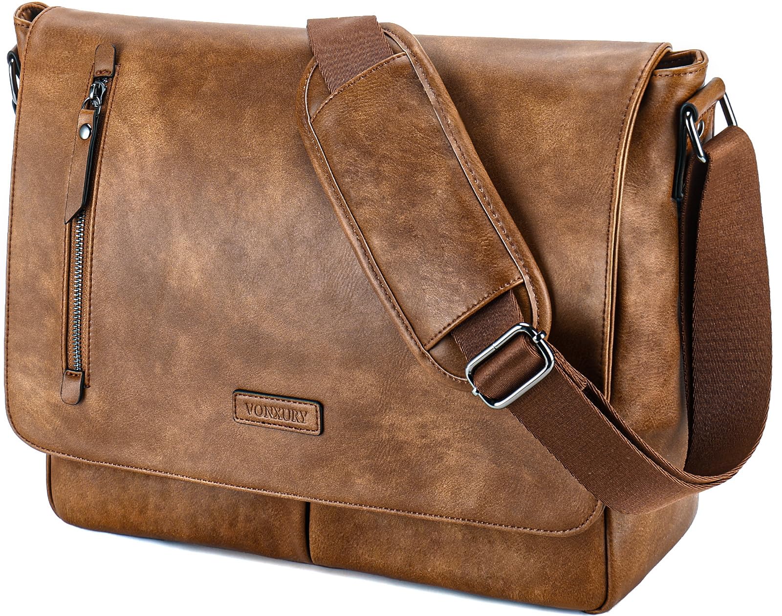 Læder messenger bag 14 tommer - vintage laptop taske til mænd og kvinder i cognac